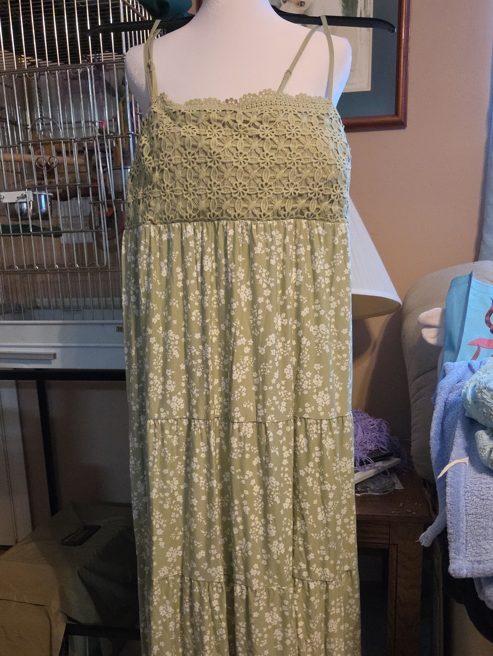 Women's Olive Green Floral Maxi Dress with Crocheted Top